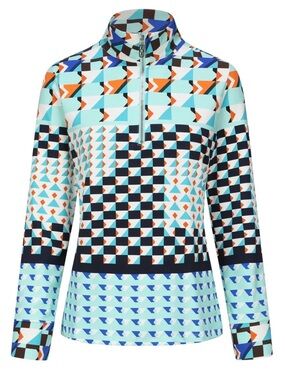 Jean Pierre Klifa Golf Top Pixel 2 Long Sleeve Geometric Blue Orange Size Small